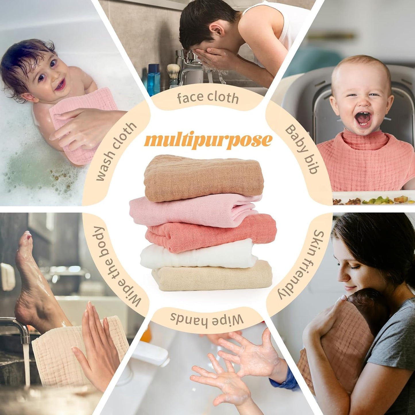 Baby Burp Cloth 100% Cotton Newborn Cotton Muslin Burp Cloth 10x20 inches (White & Blue 6 Pieces)