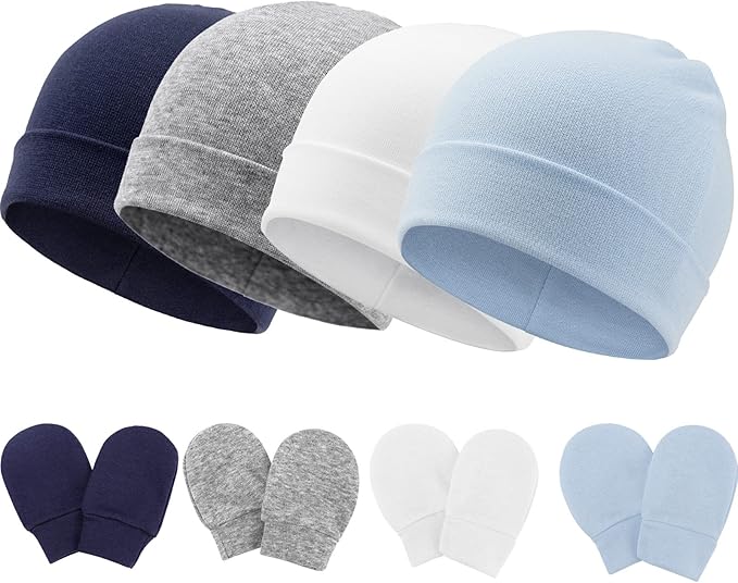 BQUBO Baby Hats and Mittens Infant Cotton Beanie Gloves No Scratch Set Newborn Hospital Hat for Boys Girls