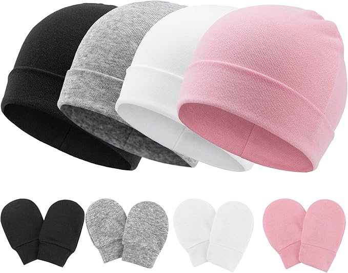 BQUBO Baby Hats and Mittens Infant Cotton Beanie Gloves No Scratch Set Newborn Hospital Hat for Boys Girls